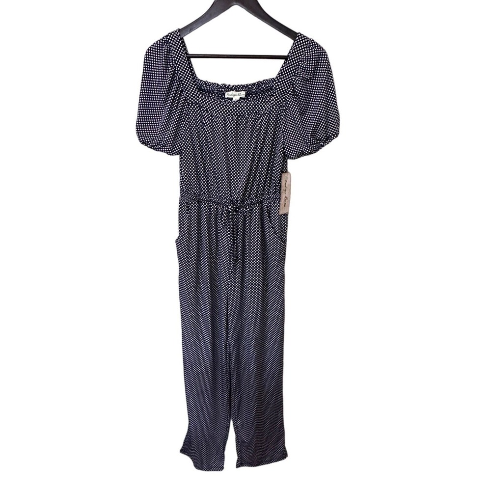 Indigo Rose Womens Small Navy Polka Dot Puff‎ Sleeve Jumpsuit Retro